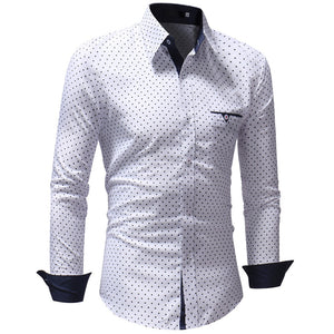 JAYCOSIN men's autumn casual one-piece dress polka dot slim long-sleeved dress shirt men's blue and white printed shirt
